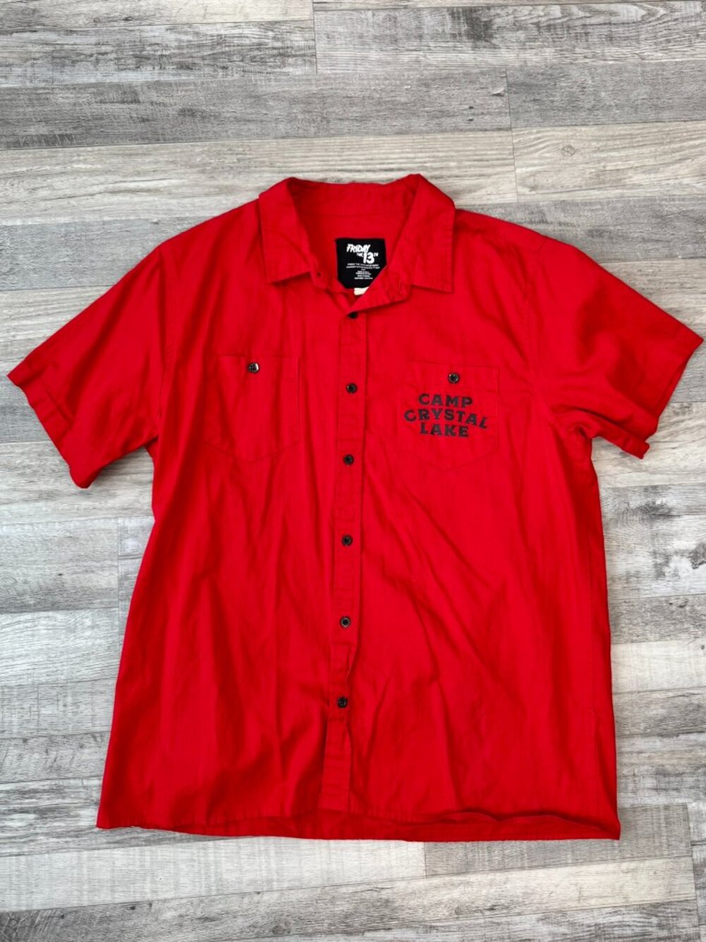 Friday the 13th Camp Crystal Lake red short sleeve button down shirt mens XL B24